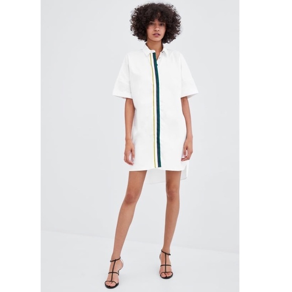 ZARA Trf Front Stripe Piping Tape Shirt-Dress in White - Picture 2 of 10
